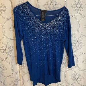 Women's Design History Shirt Blue V Neck 3/4 Sleeve Rhinestones Size Small